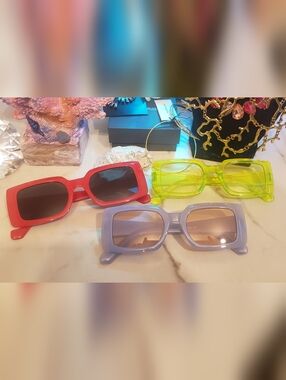 3- Retro Rectangle Sunglasses - Red, Neon Green, Lavender
